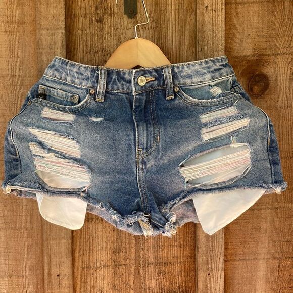 KanCan Pastel/rainbow Thread High Rise Distressed Cotton Frayed Hem Denim Shorts - Picture 2 of 16